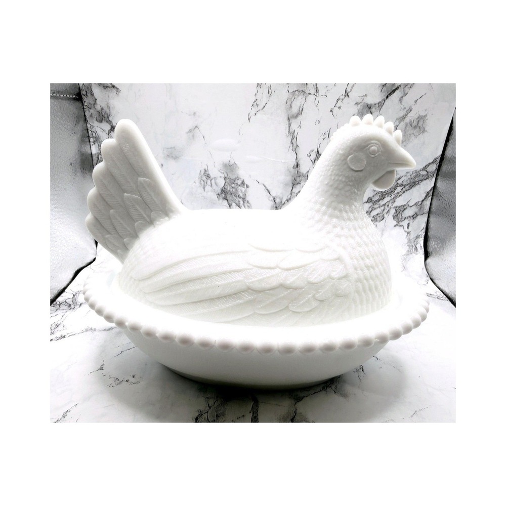 Vintage White Milk Glass Hobnail Hen on Nest Covered Dish 7 Inch Unmarked